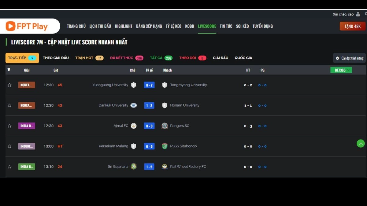 Live Score cung cấp tỷ số trực tuyến theo thời gian thực